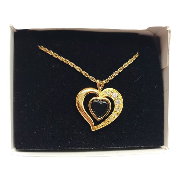 Avon Jewelry - AVON Onyx Heart Pendant Gold Tone Rhinestone Necklace New Old Stock